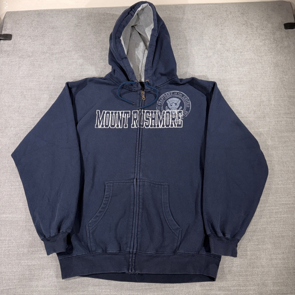 Prairie Mountain Mount Rushmore Hoodie Mens XL Navy Blue Good Zip Sweatshirt